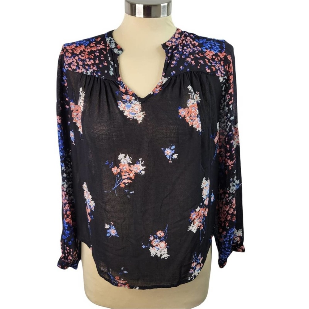 Lucky Brand Blouse Top Small Black Floral High Low Hemline Long Sleeve